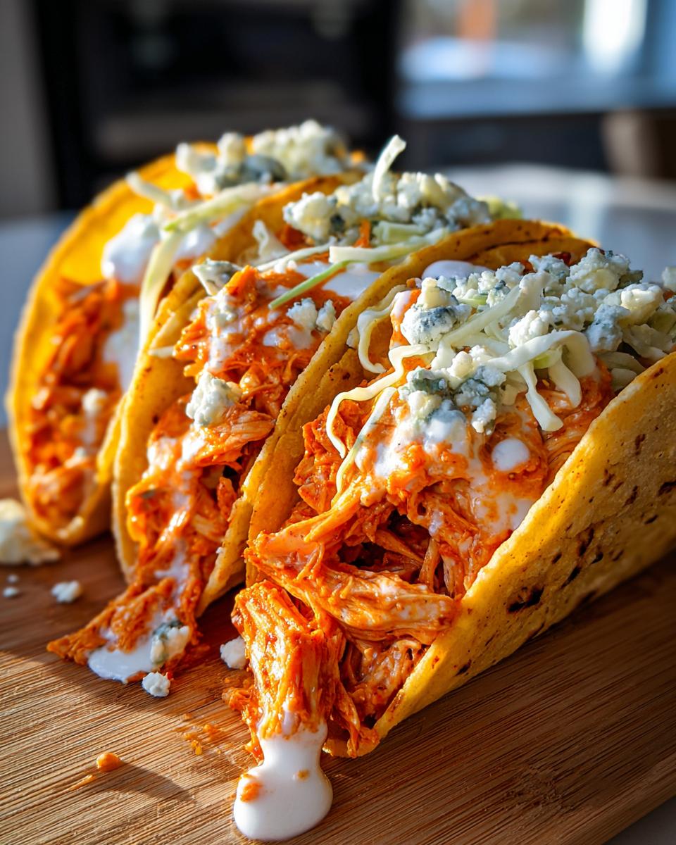 Three loaded buffalo chicken tacos featuring shredded orange chicken, white sauce, slaw, and blue cheese crumbles.