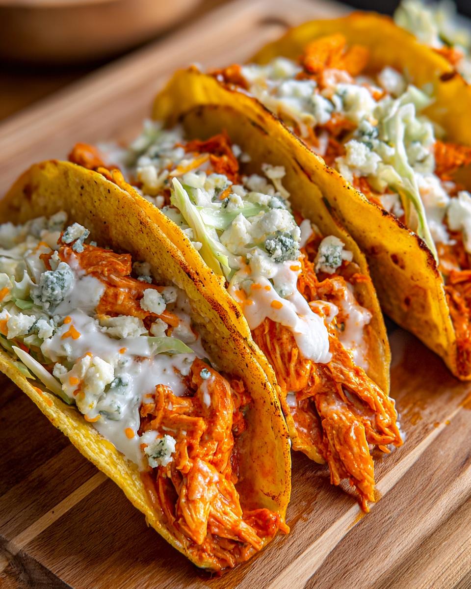 Three crispy shell buffalo chicken tacos filled with shredded orange chicken, coleslaw, blue cheese crumbles, and ranch dressing.