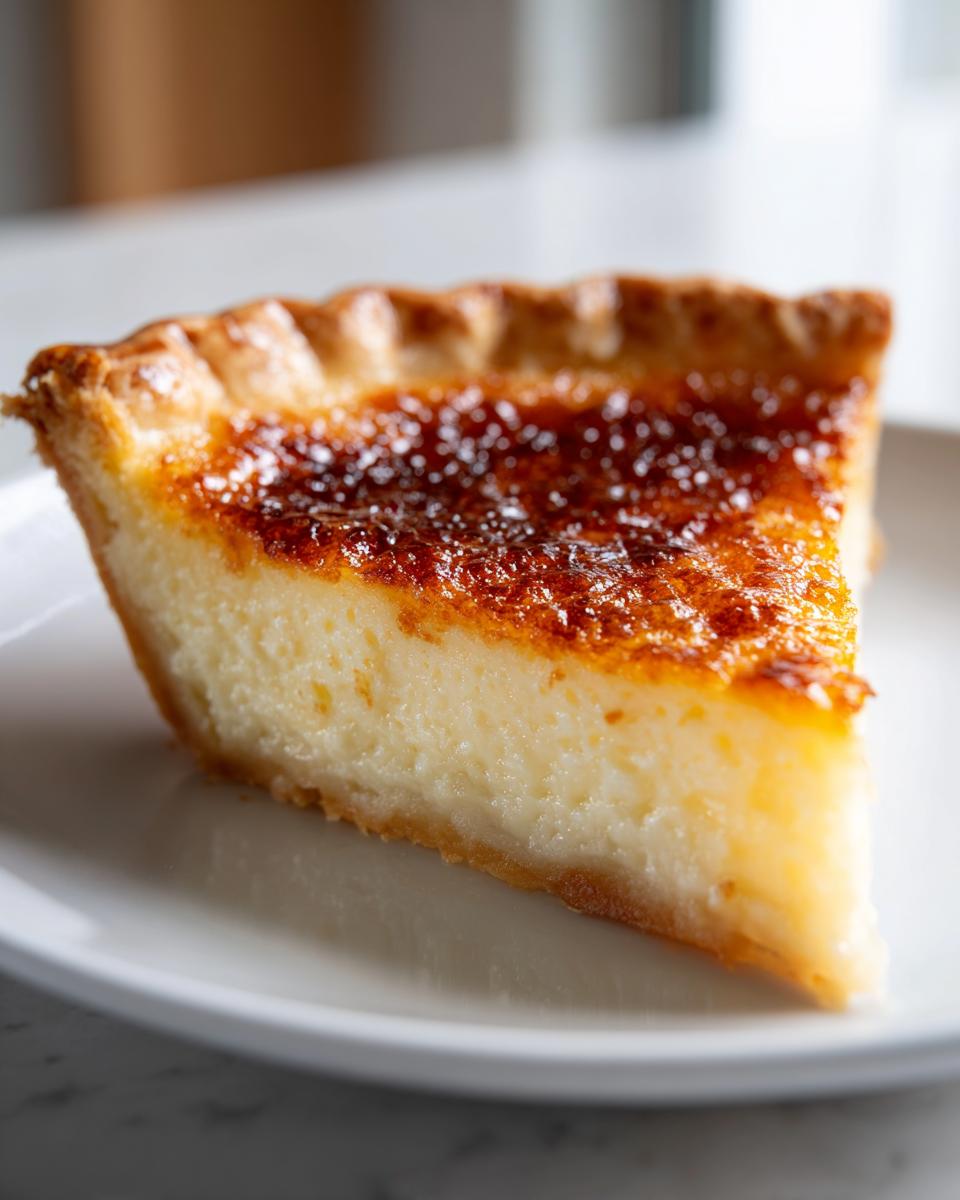 A close-up of a thick slice of buttermilk pie showing the creamy filling and a deeply caramelized, shiny top crust.