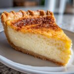 Close-up of a perfect slice of buttermilk pie showing creamy filling and a deeply caramelized top crust.