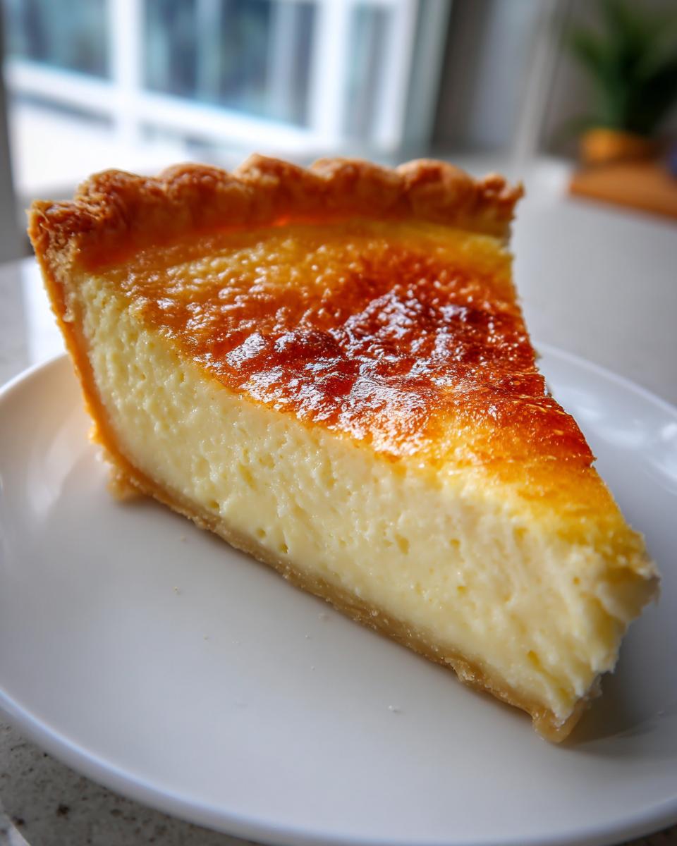 Close-up of a thick slice of creamy buttermilk pie with a beautifully caramelized, golden-brown top.