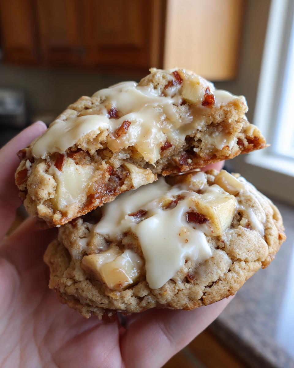 A soft caramel apple cookie broken in half, showing chunks of apple, caramel, and a thick vanilla glaze.