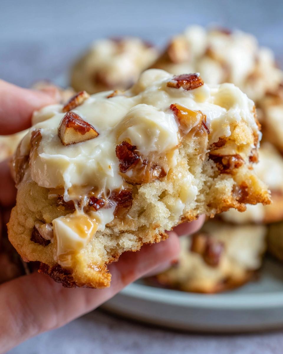 A hand holding a soft, thick caramel apple cookies half, showing the gooey caramel and cream cheese frosting.