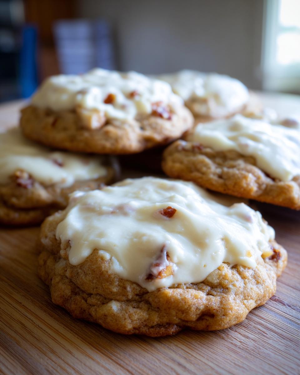 Close-up of soft caramel apple cookies topped with thick, creamy white frosting.