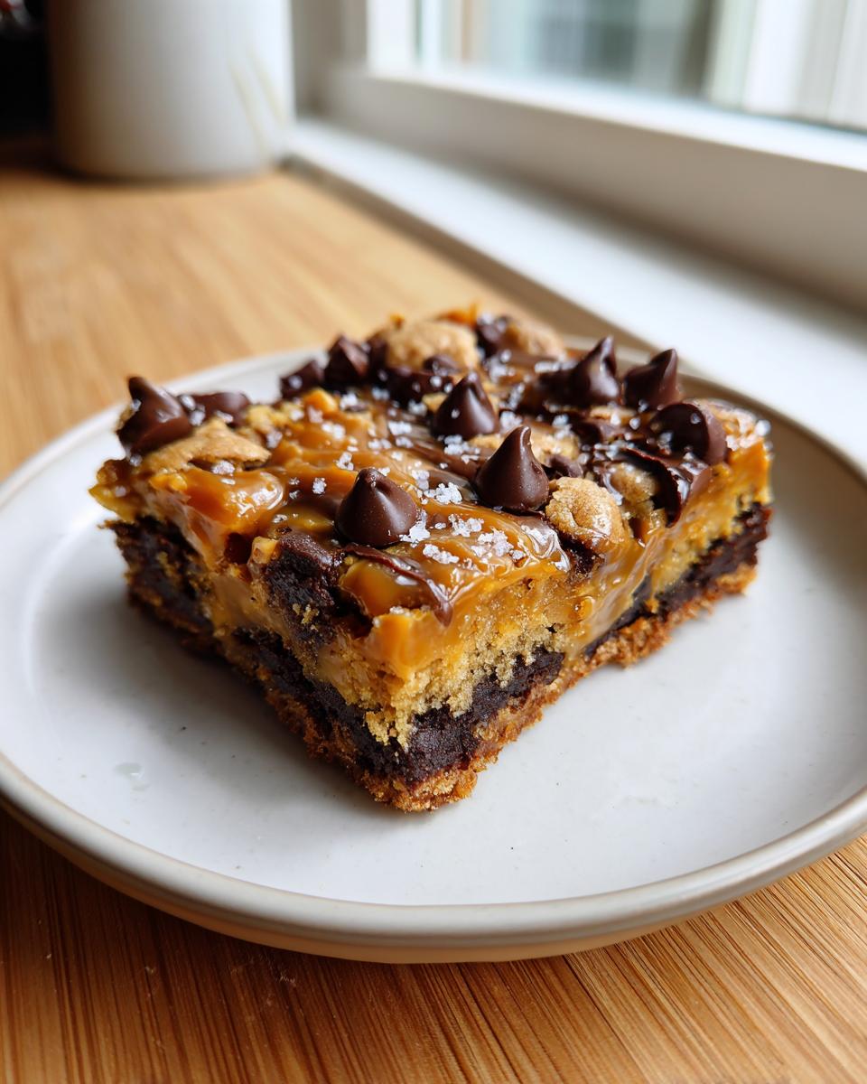 A single serving of layered cookie bars topped with caramel, chocolate chips, and sea salt.