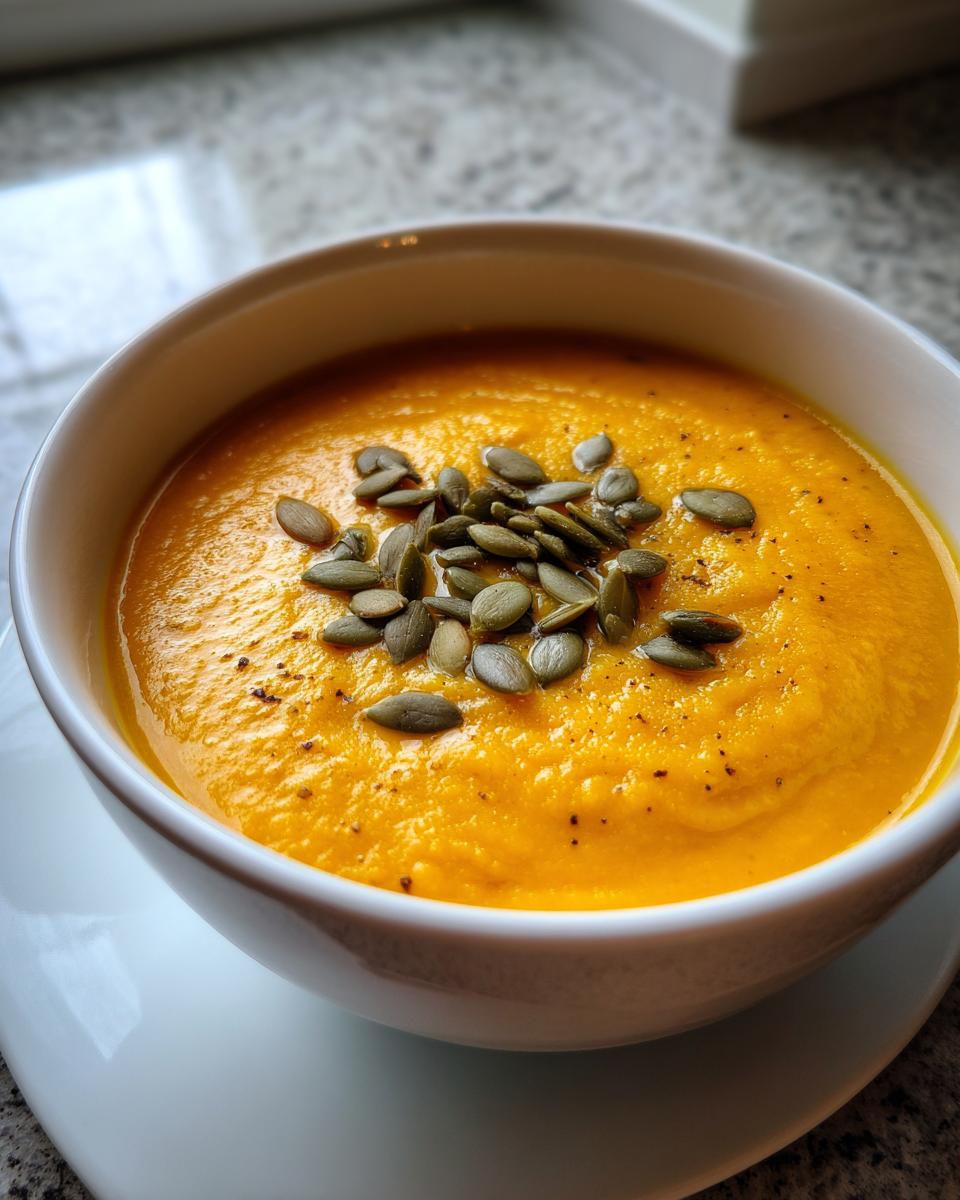 A close-up of vibrant orange carrot ginger soup in a white bowl, garnished with green pumpkin seeds.