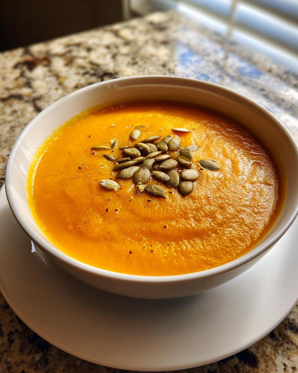 A vibrant orange bowl of creamy carrot ginger soup garnished with toasted pumpkin seeds and black pepper.