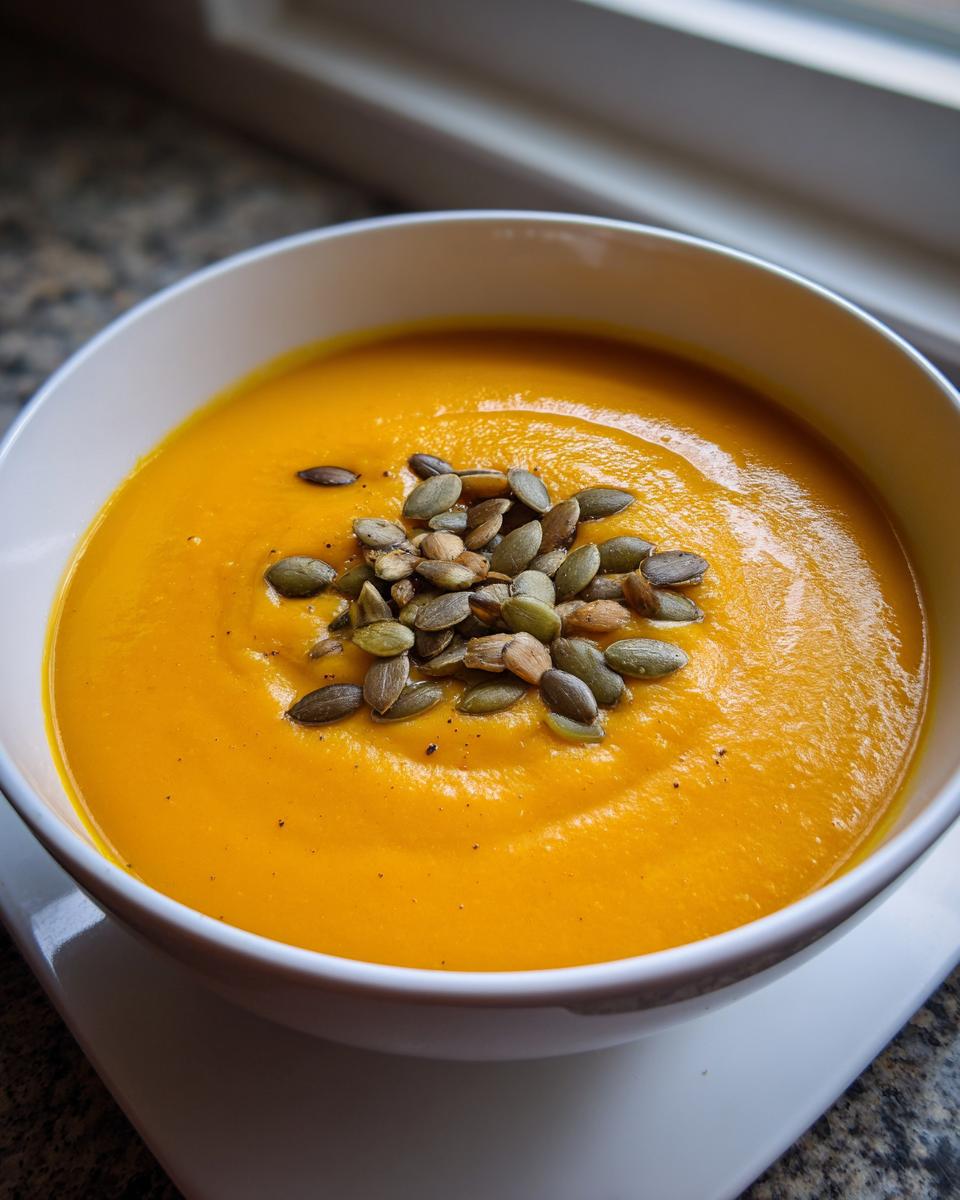 A vibrant bowl of smooth carrot ginger soup garnished with a pile of toasted pumpkin seeds.