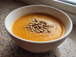 A close-up of vibrant orange carrot ginger soup in a white bowl, garnished with toasted pumpkin seeds.