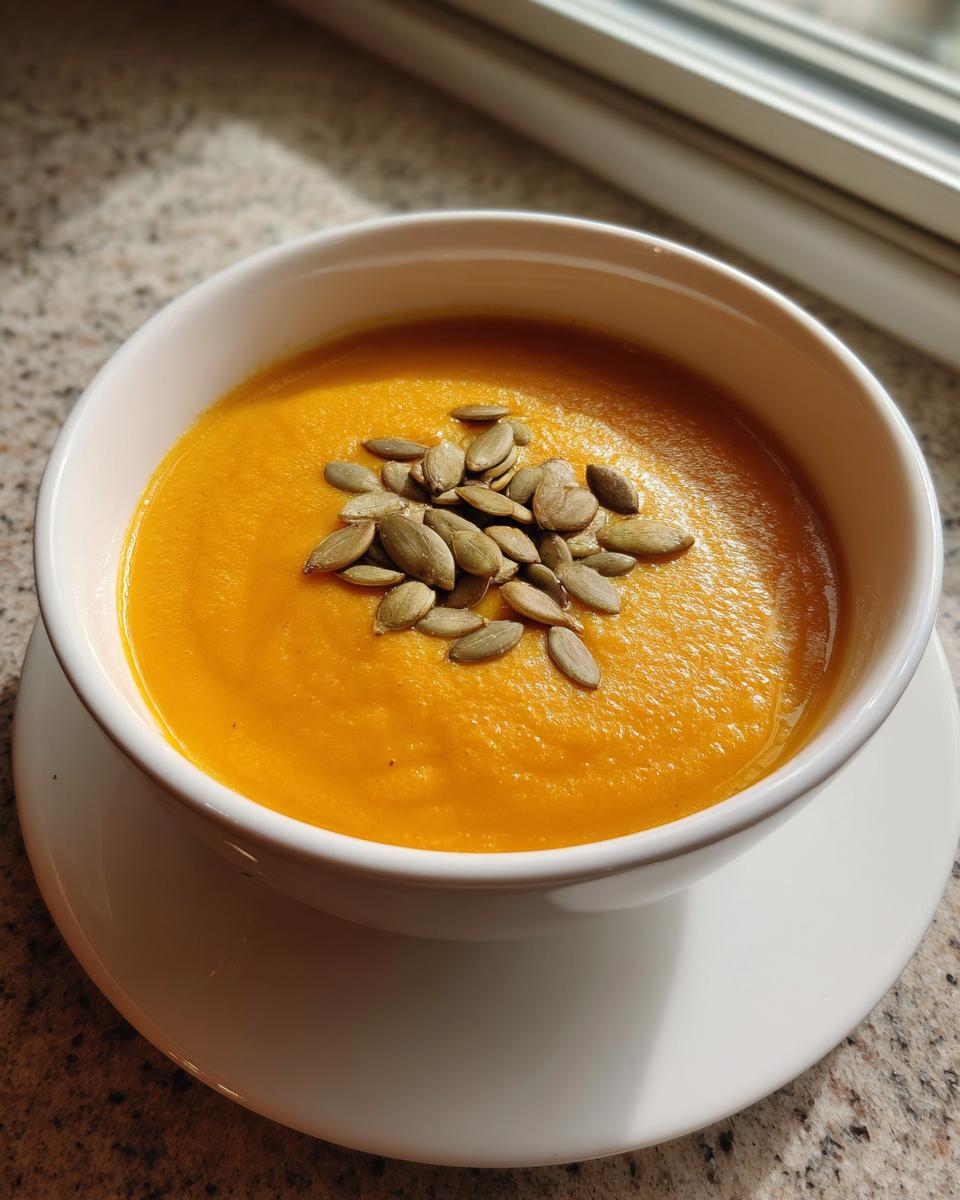 A bright orange bowl of carrot ginger soup garnished with toasted pumpkin seeds.