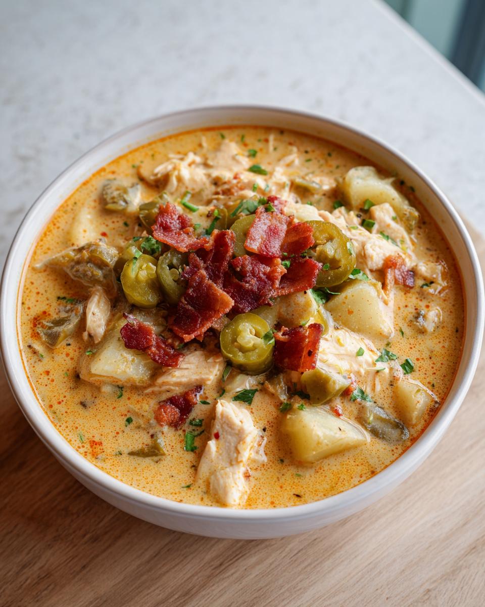 A hearty bowl of creamy cheeseburger soup loaded with potatoes, chicken, bacon, and sliced jalapeños.
