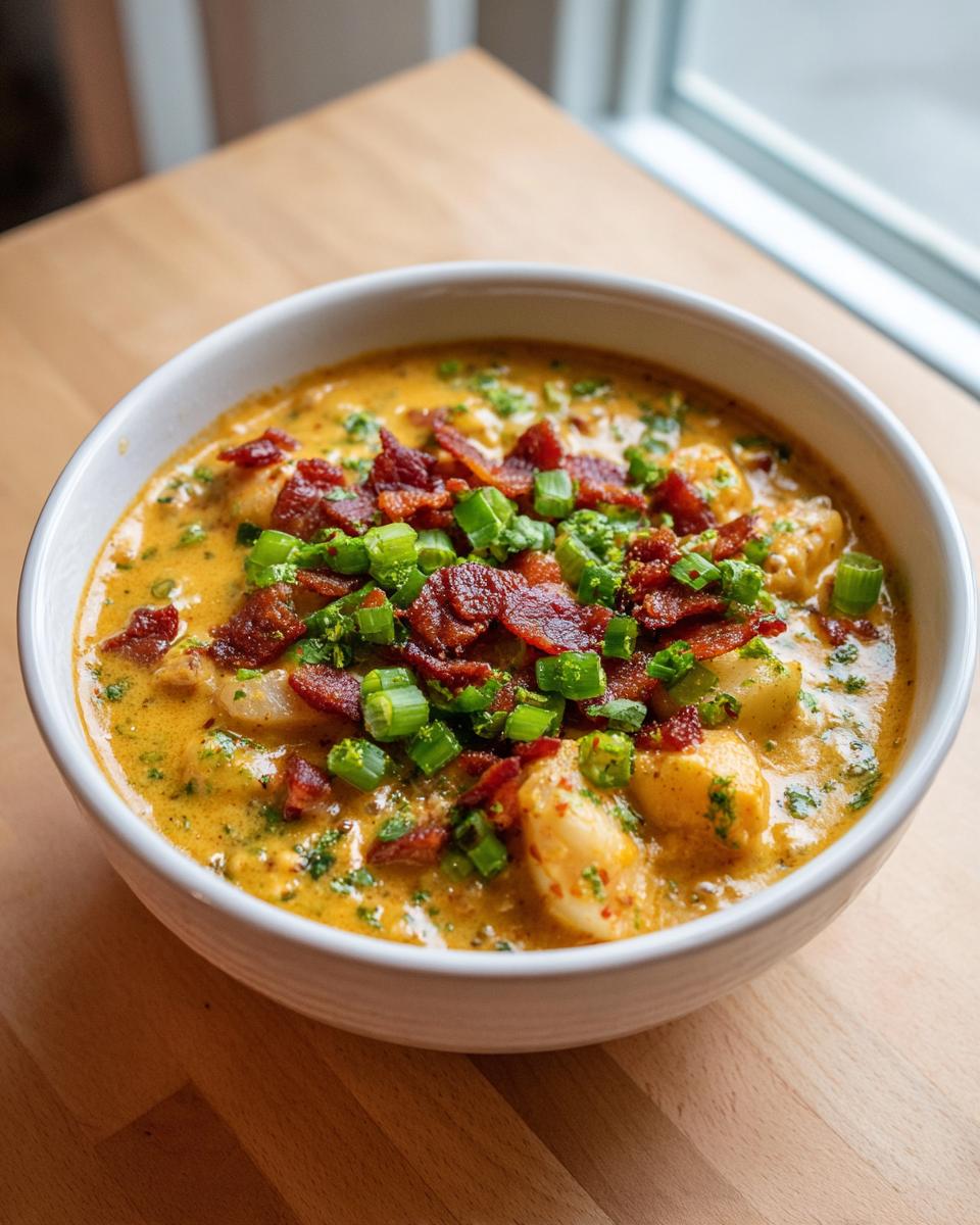 A close-up of a rich, creamy bowl of cheeseburger soup topped generously with crumbled bacon and fresh green onions.