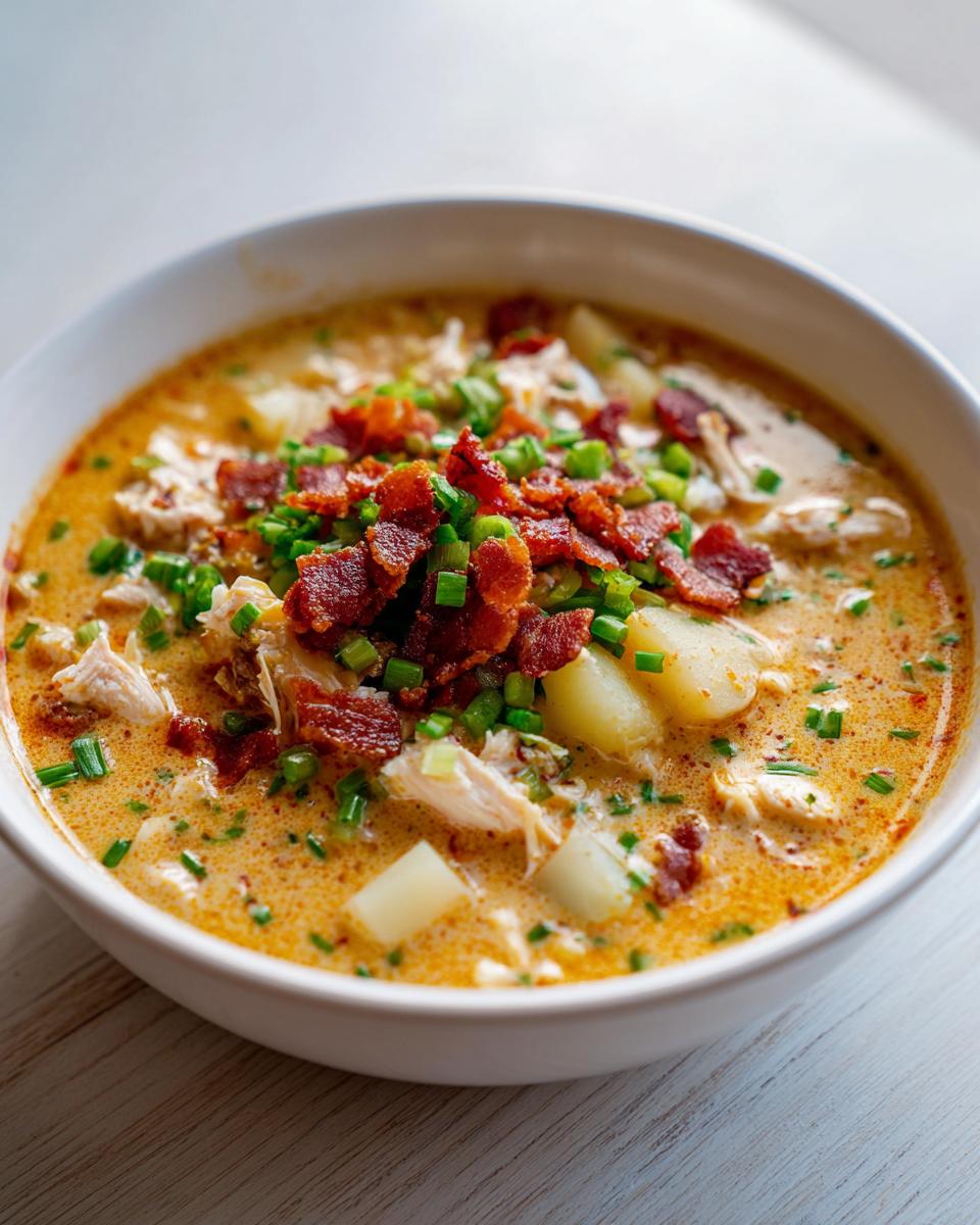 A close-up of a bowl of creamy cheeseburger soup loaded with potatoes, shredded chicken, crispy bacon, and chives.