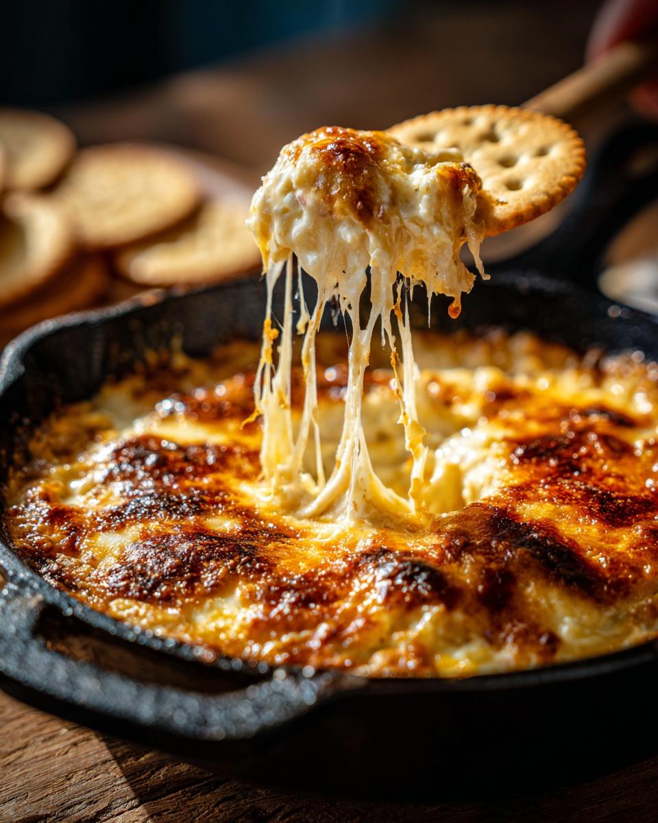 A cracker scooping hot, cheesy crab dip recipe, showing long cheese pulls from a cast iron skillet.