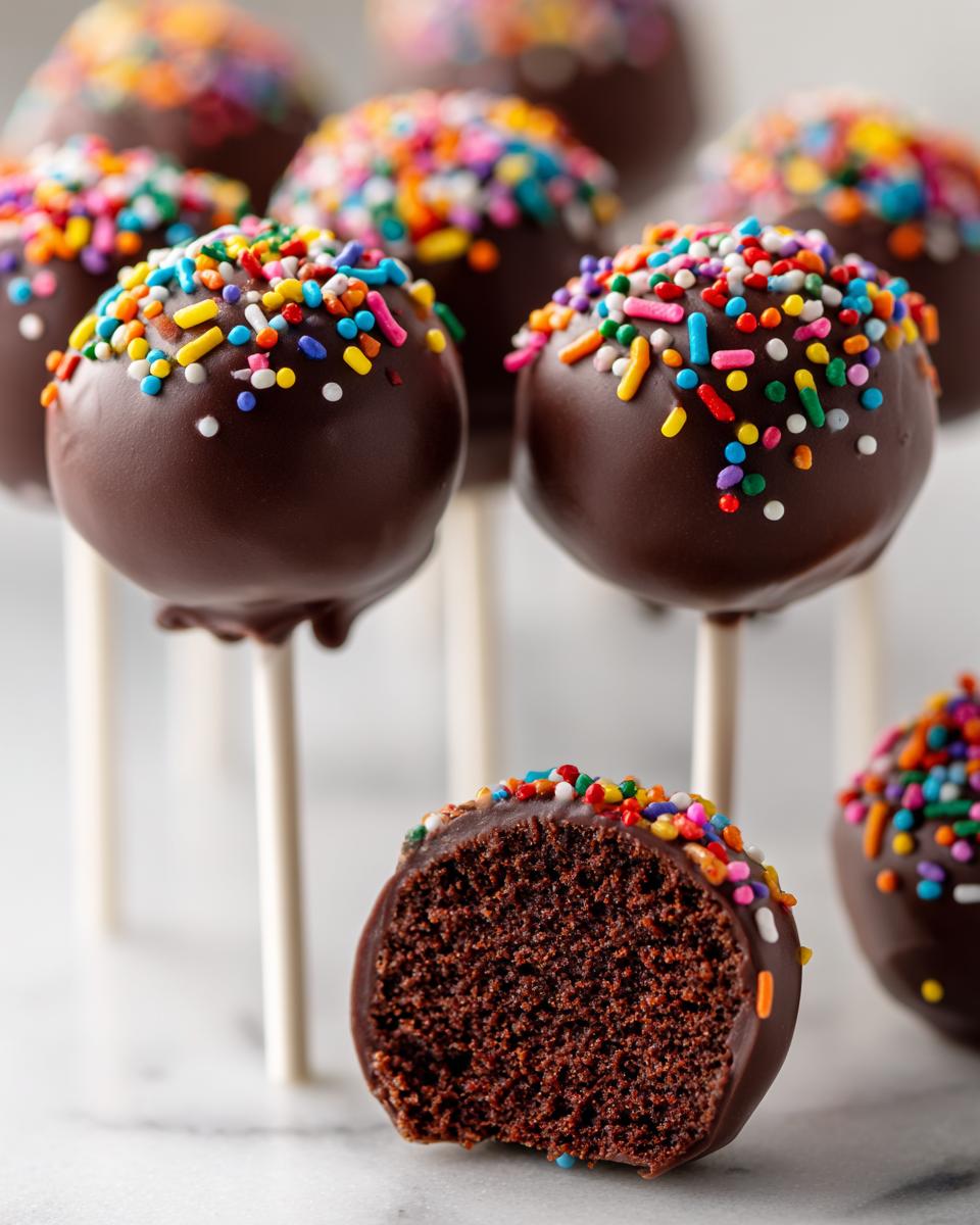 A close-up of a chocolate cake pop cut in half showing the moist interior, surrounded by other chocolate cake pops with rainbow sprinkles.