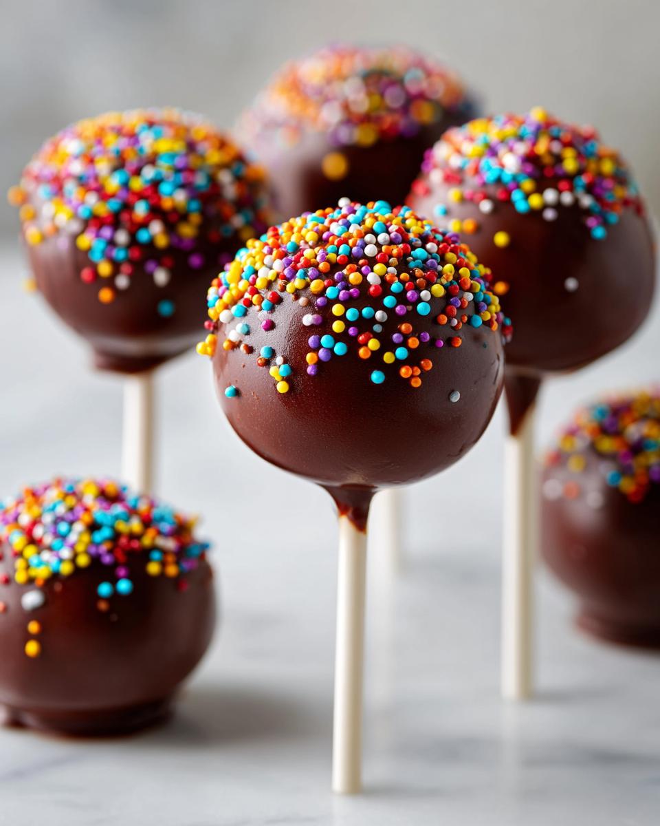 Close-up of several chocolate cake pops dipped in dark chocolate and covered in bright, multi-colored sprinkles.