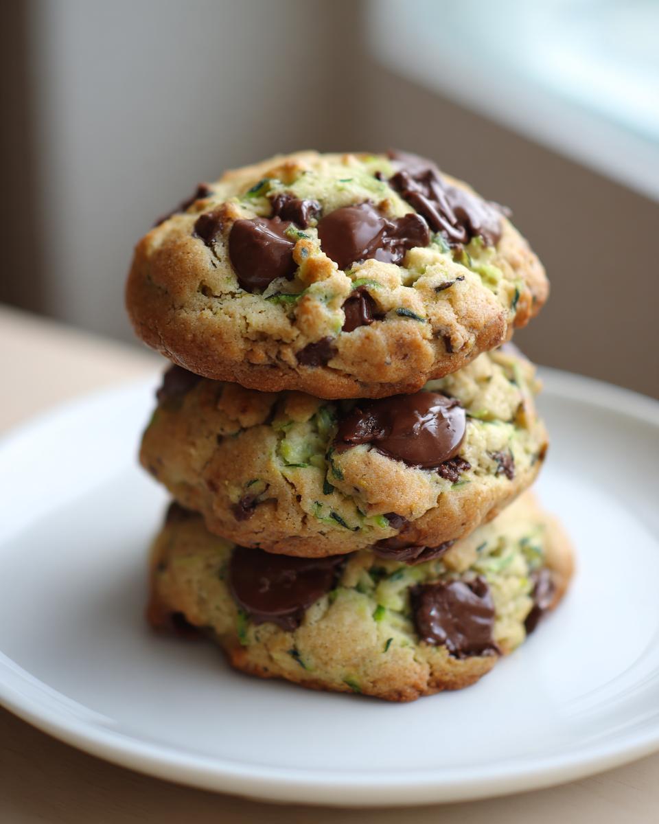 Three soft, thick chocolate chip zucchini cookies stacked on a white plate.