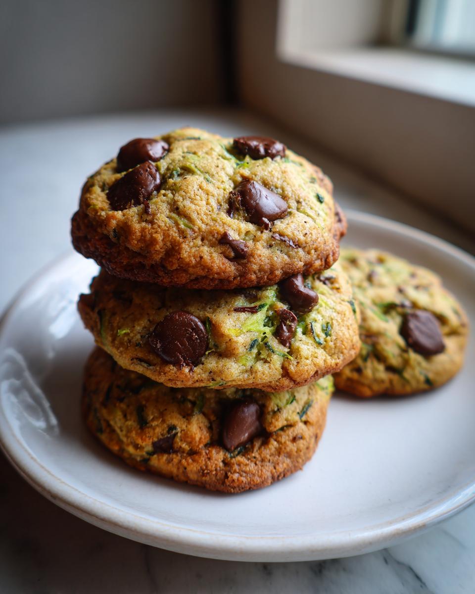 A stack of three thick, golden-brown chocolate chip zucchini cookies on a white plate.