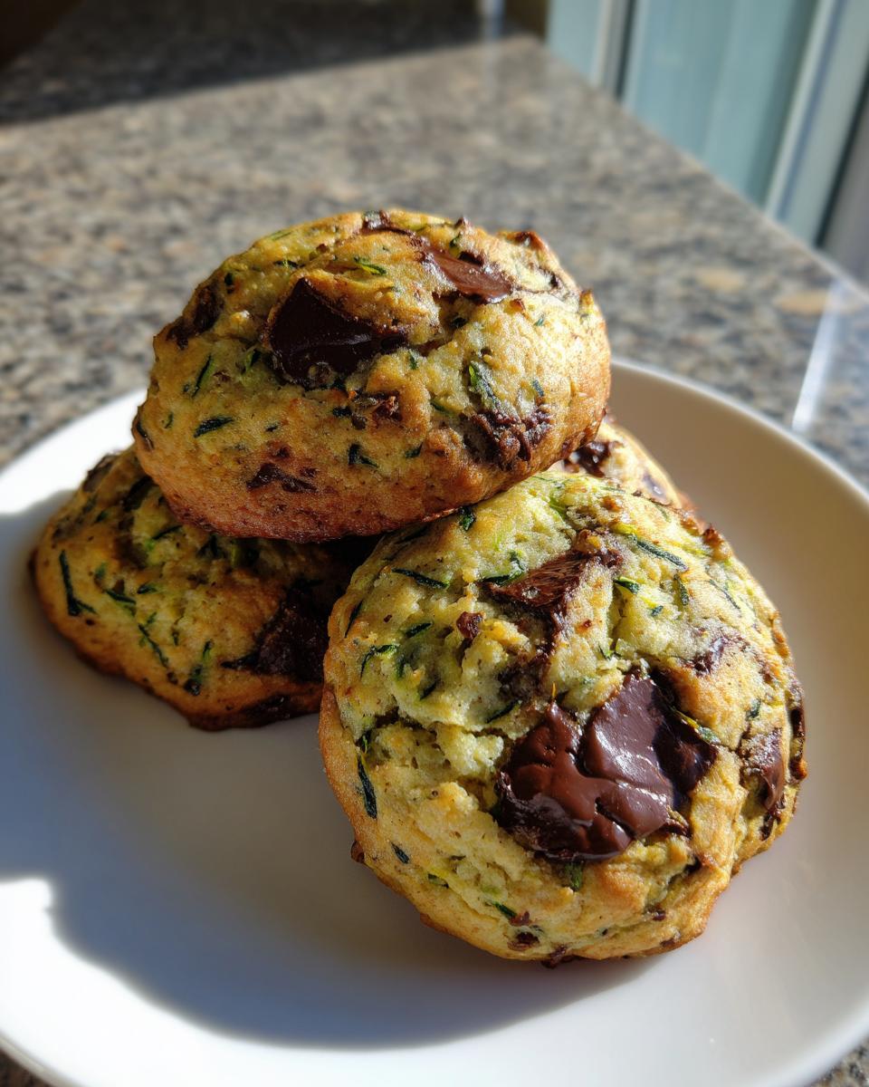 Close-up of three soft, thick zucchini cookies studded with melted chocolate chunks, ready to eat.