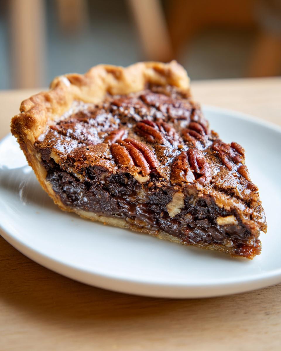 A close-up shot of a rich slice of chocolate pecan pie on a white plate, featuring a flaky crust and whole pecans.
