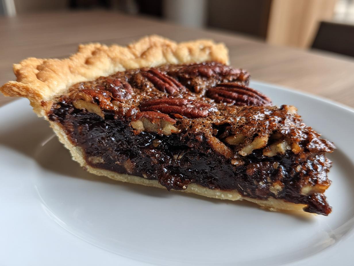 A close-up of a rich, gooey slice of chocolate pecan pie topped with whole pecans, sitting on a white plate.