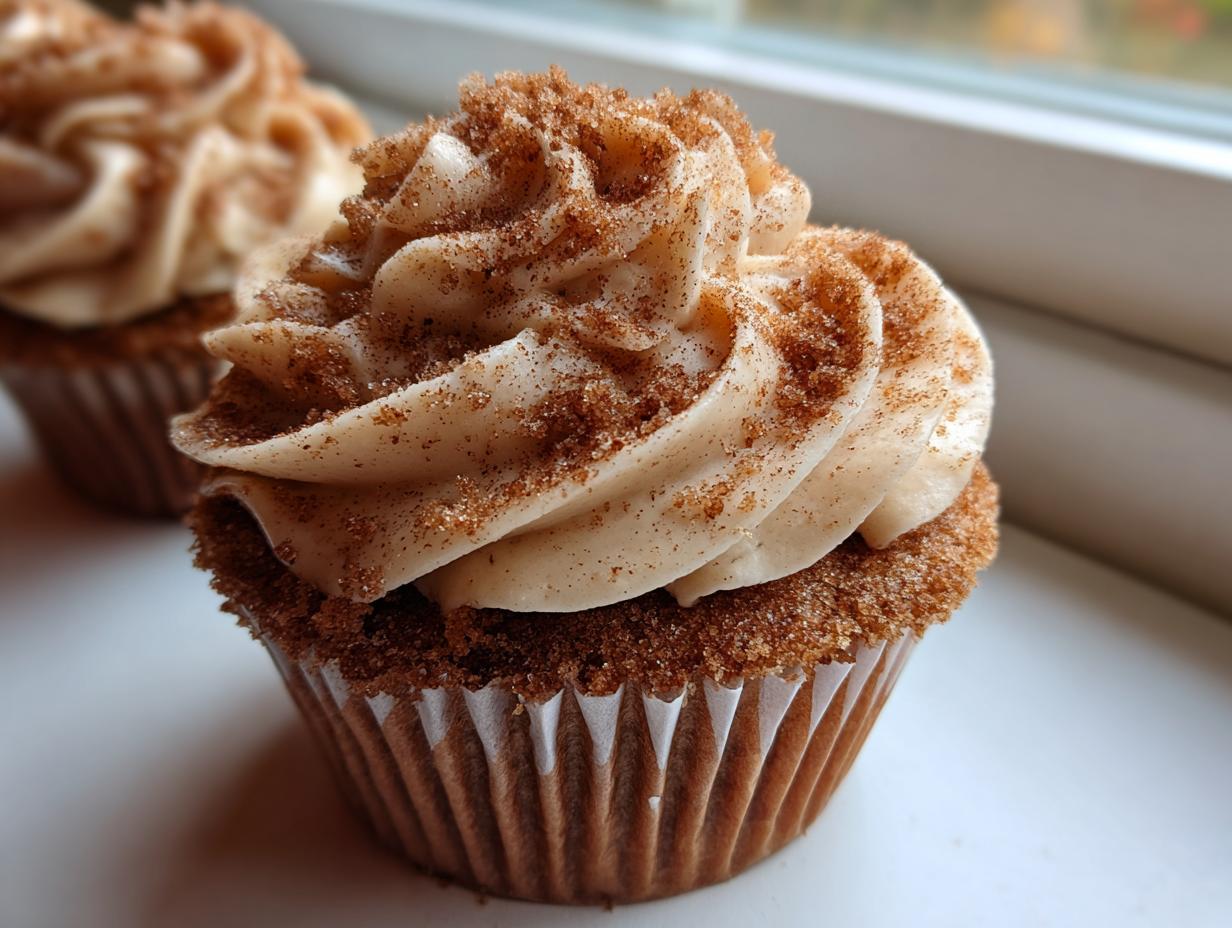 Close-up of a single churro cupcake topped with cinnamon-sugar frosting and sprinkled with cinnamon sugar.