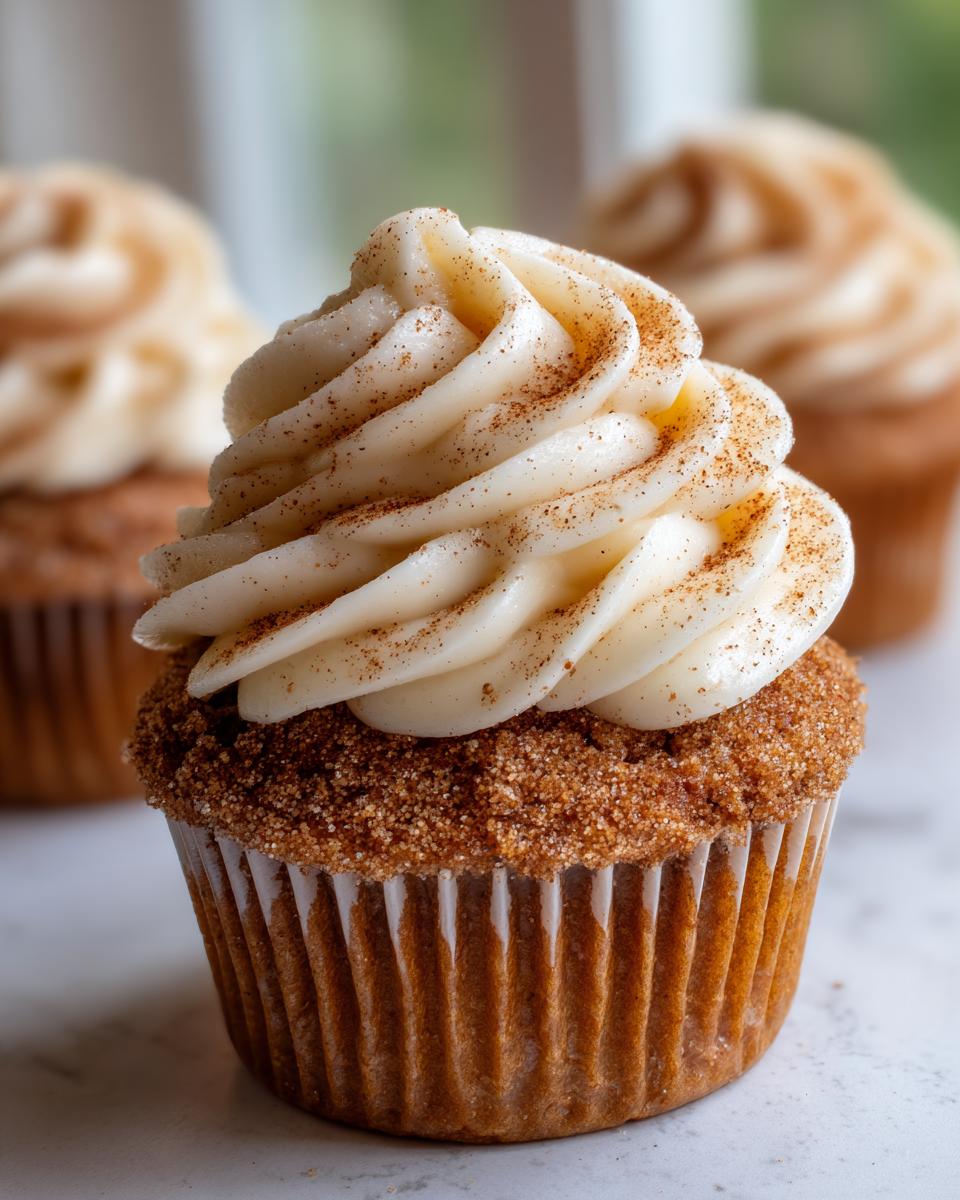 A close-up of a single churro cupcake topped with creamy frosting and sprinkled with cinnamon sugar.