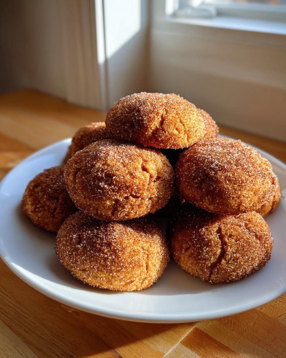 A stack of freshly baked churro cookies coated in cinnamon sugar resting on a white plate.