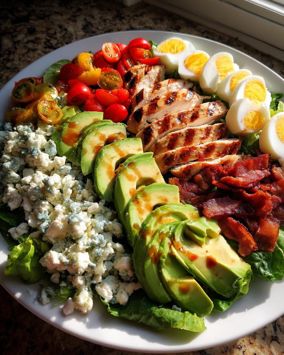A vibrant, fully loaded cobb salad featuring rows of grilled chicken, avocado, blue cheese, bacon, eggs, and tomatoes.