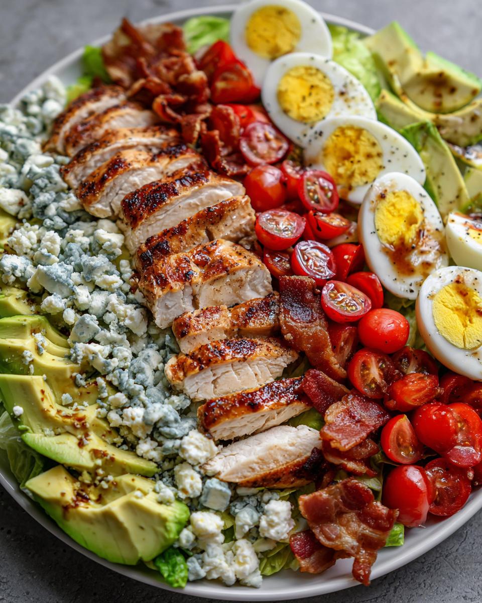 A beautifully arranged plate featuring sliced grilled chicken, avocado, blue cheese, bacon, tomatoes, and hard-boiled eggs for a classic cobb salad.