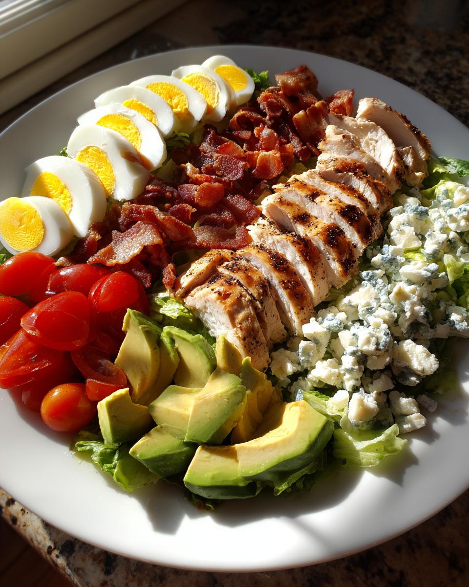 A vibrant, fully assembled cobb salad featuring rows of sliced grilled chicken, hard-boiled eggs, bacon, avocado, and blue cheese.