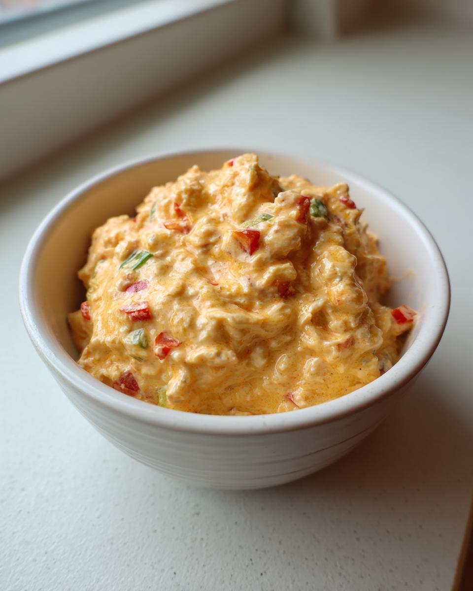 A close-up of thick, orange cottage cheese queso dip speckled with red peppers in a small white bowl.