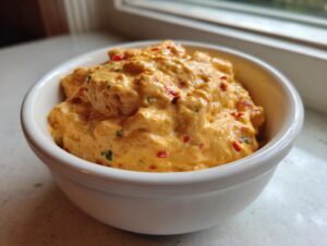 Close-up of thick, orange cottage cheese queso dip speckled with red peppers in a small white bowl.