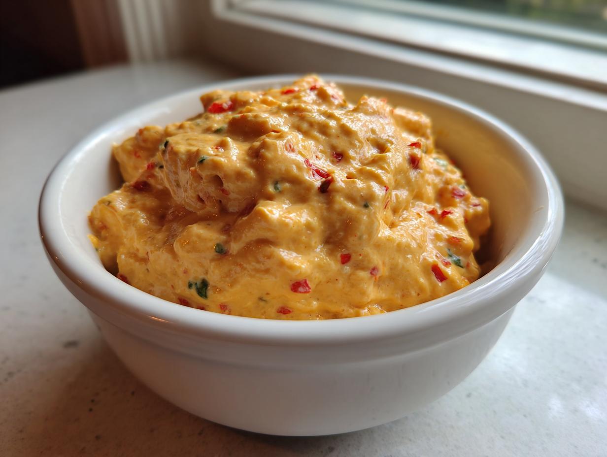 Close-up of thick, orange cottage cheese queso dip speckled with red peppers in a small white bowl.