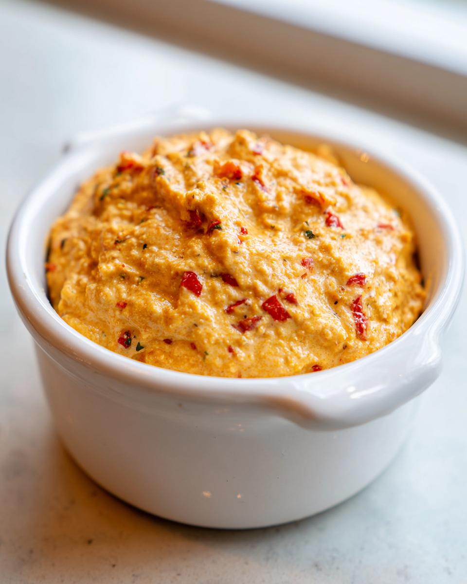 Close-up of creamy, orange-hued cottage cheese queso dip mixed with red peppers in a small white serving bowl.