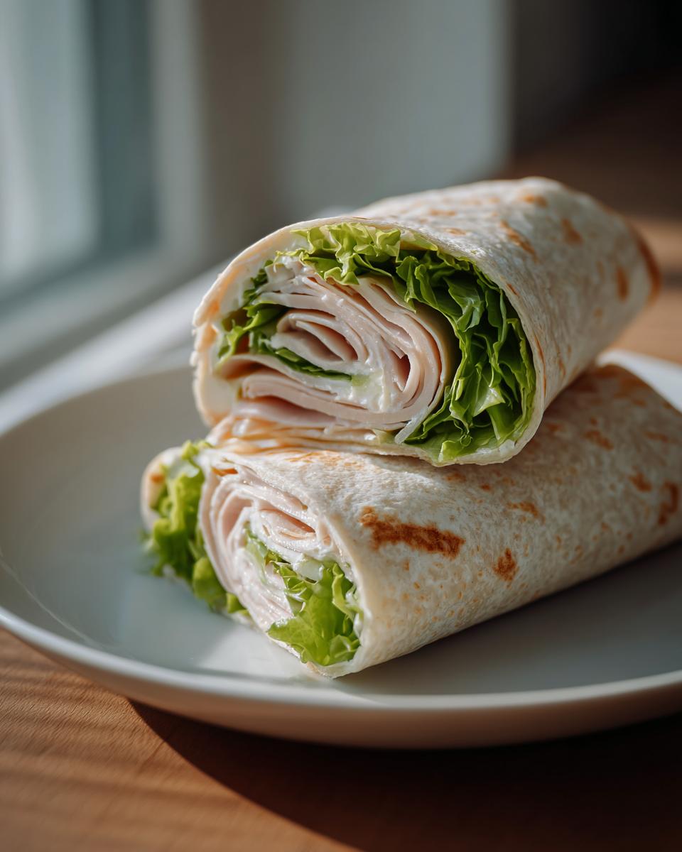 Two halves of a delicious cottage cheese wrap filled with sliced turkey and crisp lettuce, stacked on a white plate.
