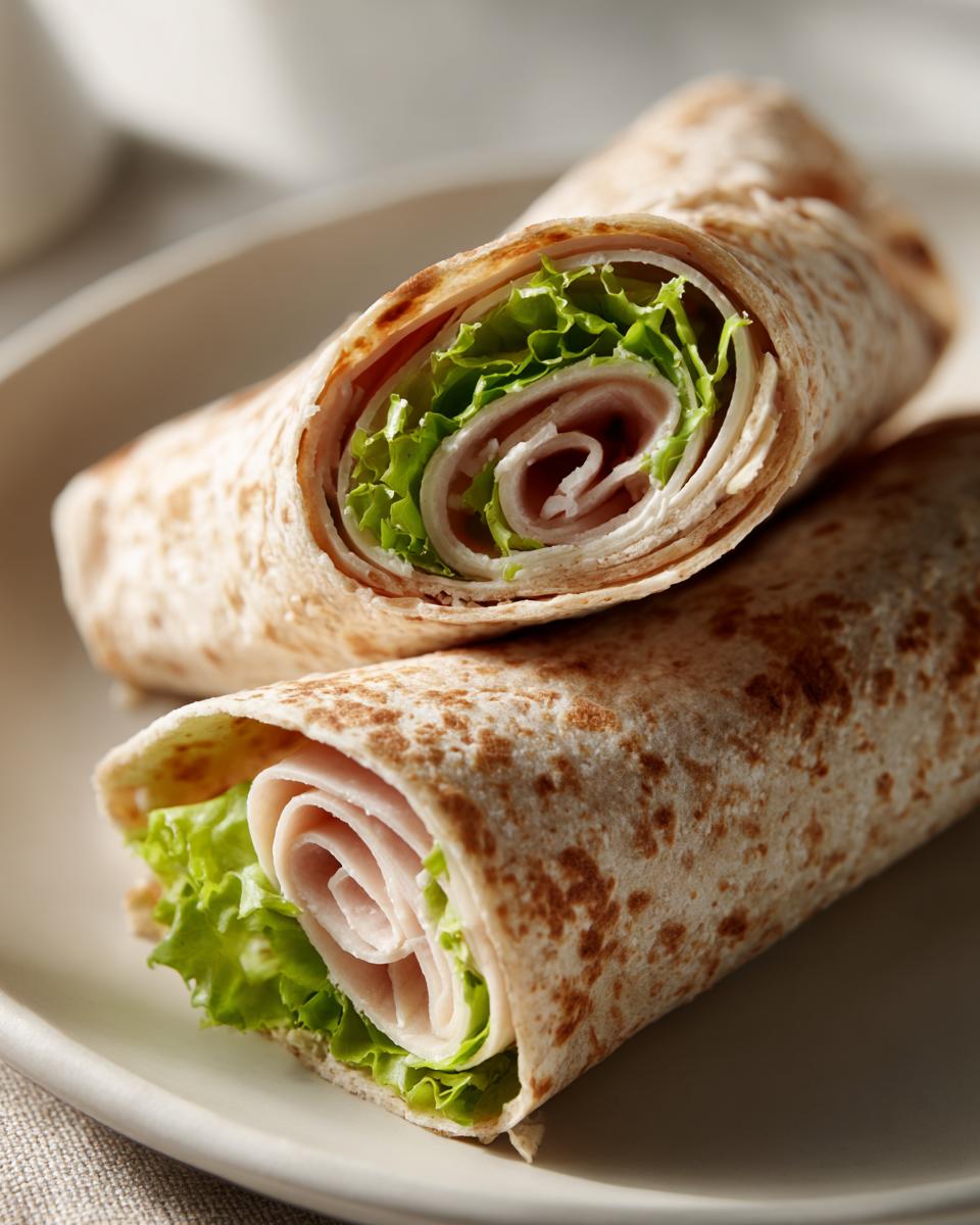 Two halves of a rolled cottage cheese wrap filled with sliced deli meat and crisp lettuce.