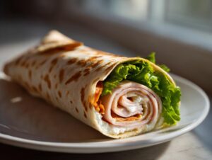 Close-up of a rolled cottage cheese wrap filled with sliced ham, lettuce, and a creamy white spread, sitting on a white plate.