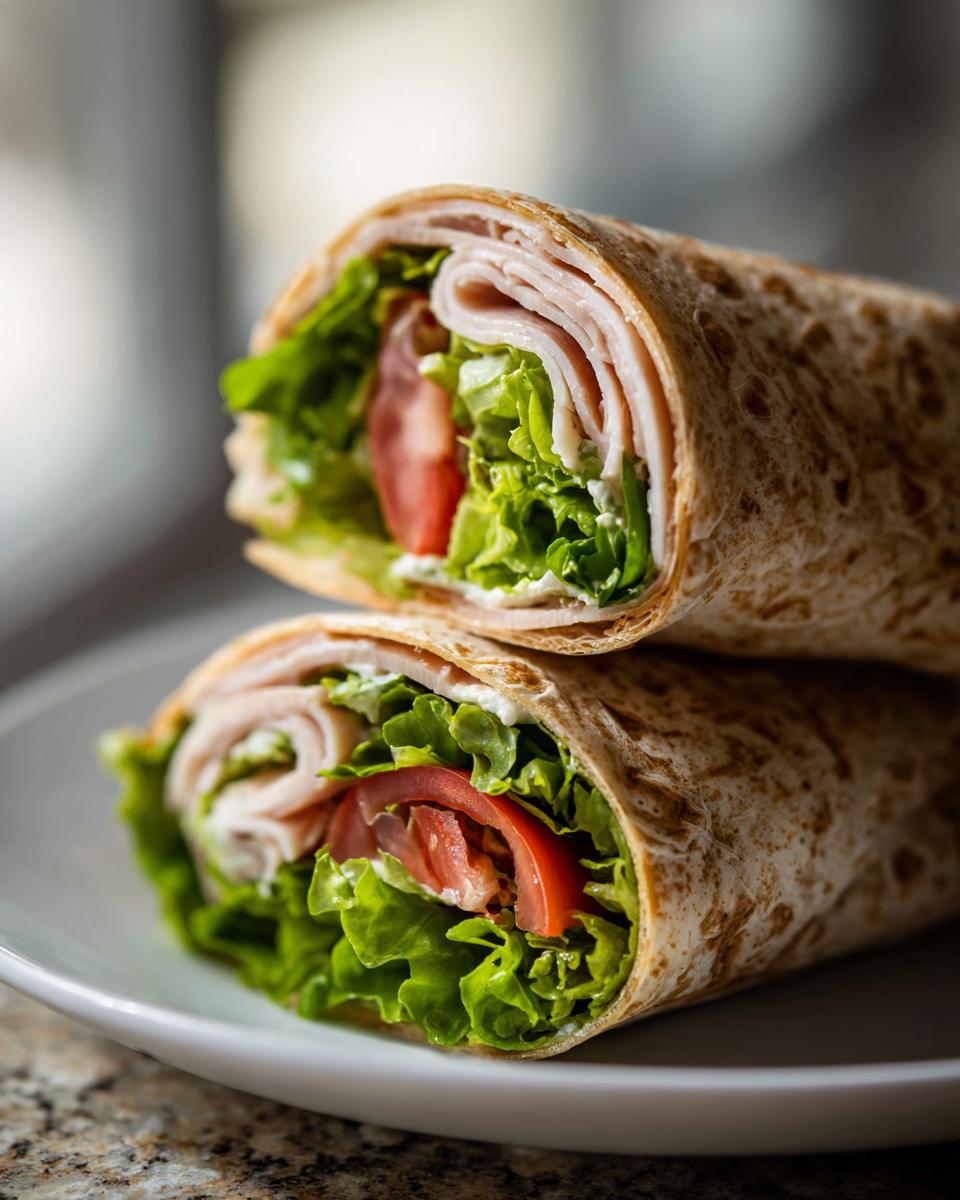 Two halves of a high-protein cottage cheese wrap stacked, showing turkey, lettuce, tomato, and creamy filling.