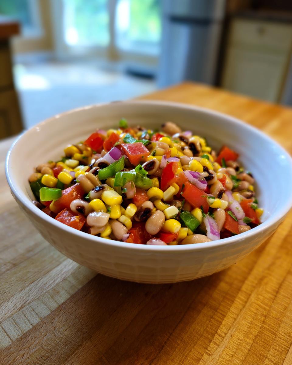 A vibrant bowl of fresh cowboy caviar recipe featuring black-eyed peas, corn, tomatoes, and red onion.