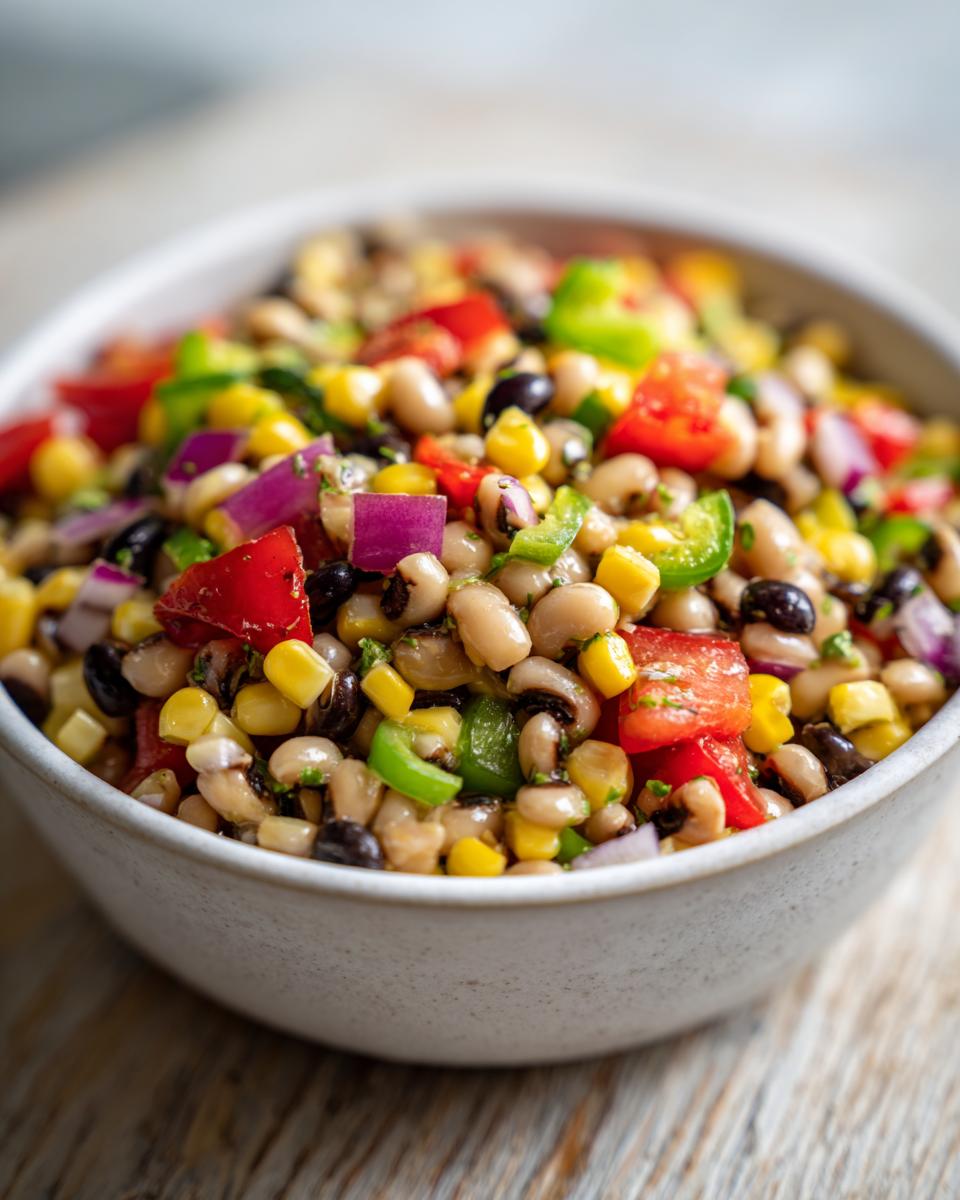 Close-up of a white bowl filled with vibrant cowboy caviar recipe, featuring black-eyed peas, corn, and diced peppers.