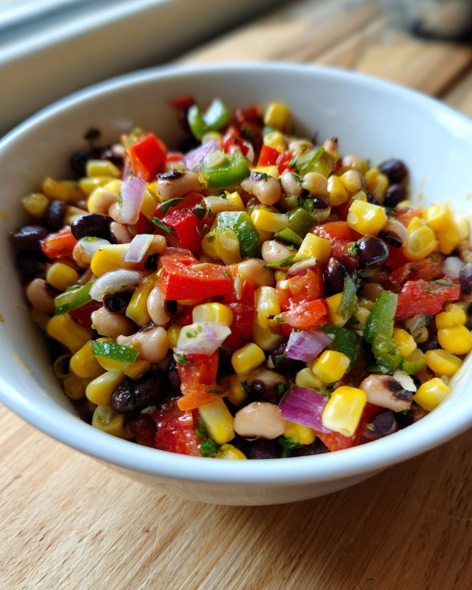 Close-up of a white bowl filled with colorful cowboy caviar recipe, featuring corn, black beans, tomatoes, and red onion.