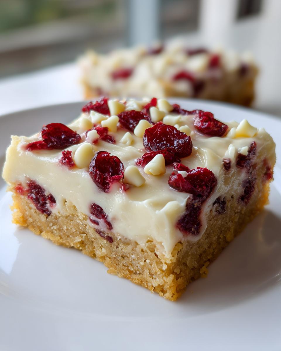 A single square of rich cranberry bliss bars topped with white frosting, dried cranberries, and white chocolate chips.