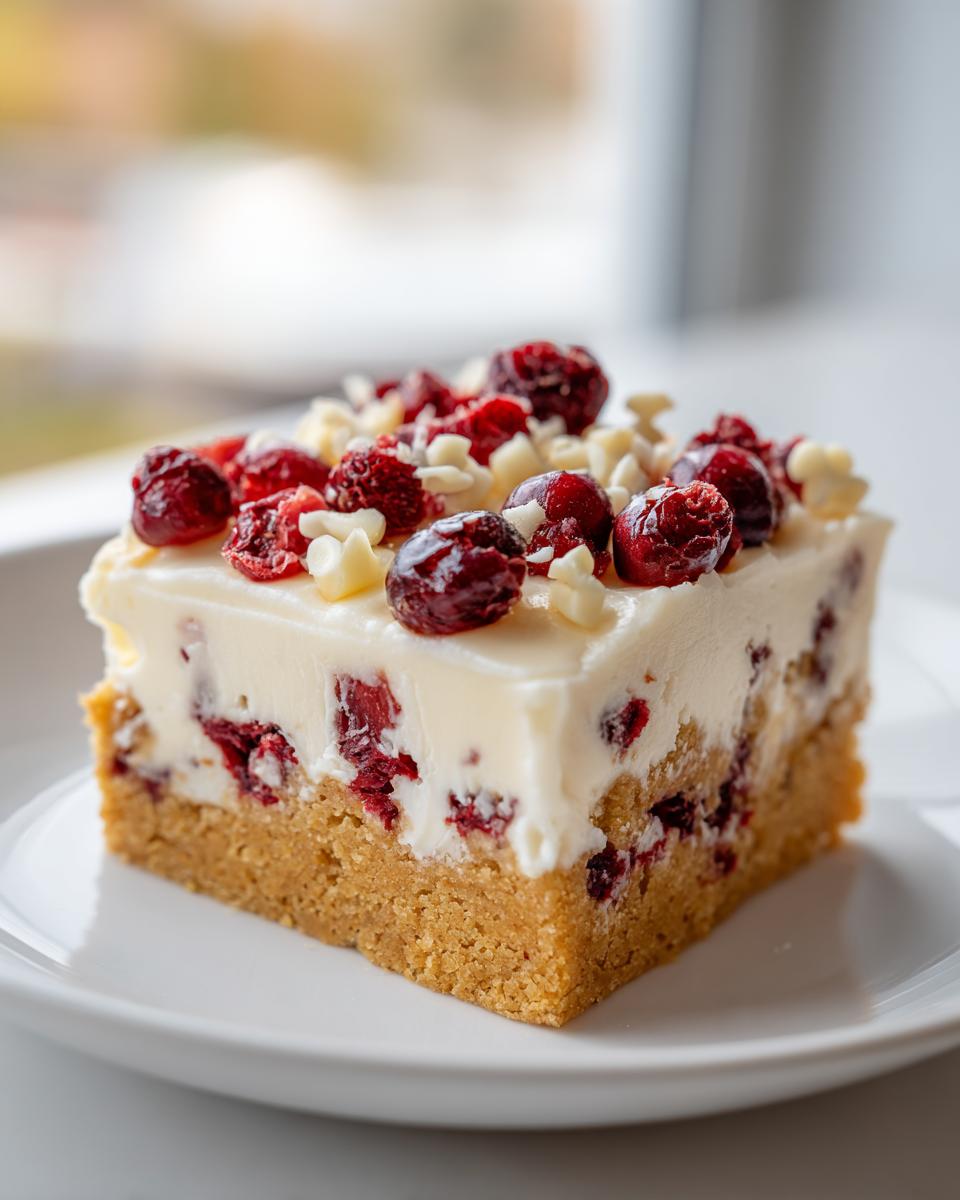 A close-up of one square cranberry bliss bars slice with a thick white topping and dried cranberries.
