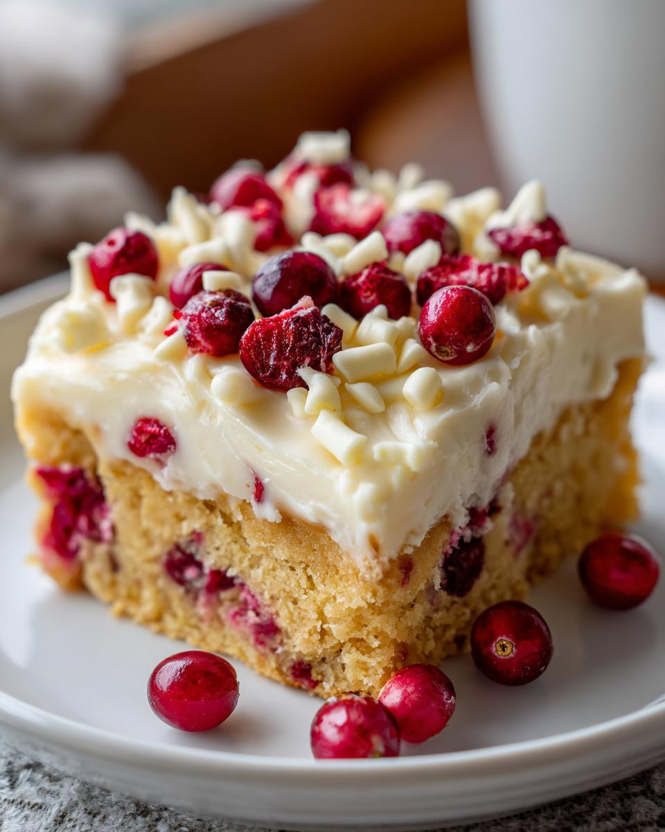 A close-up of a square slice of cranberry bliss bars topped with white frosting and fresh cranberries.