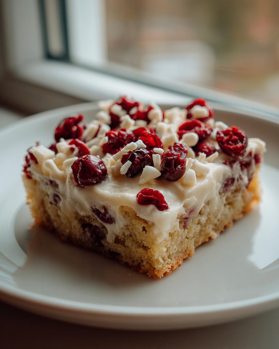 A single square slice of cranberry bliss bars topped with white frosting, dried cranberries, and white chocolate shavings.