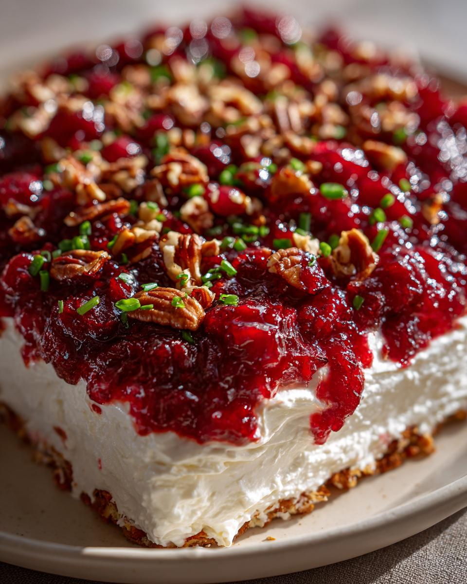 A close-up view of a block of cranberry cream cheese dip topped with bright red cranberry sauce, chopped pecans, and chives.