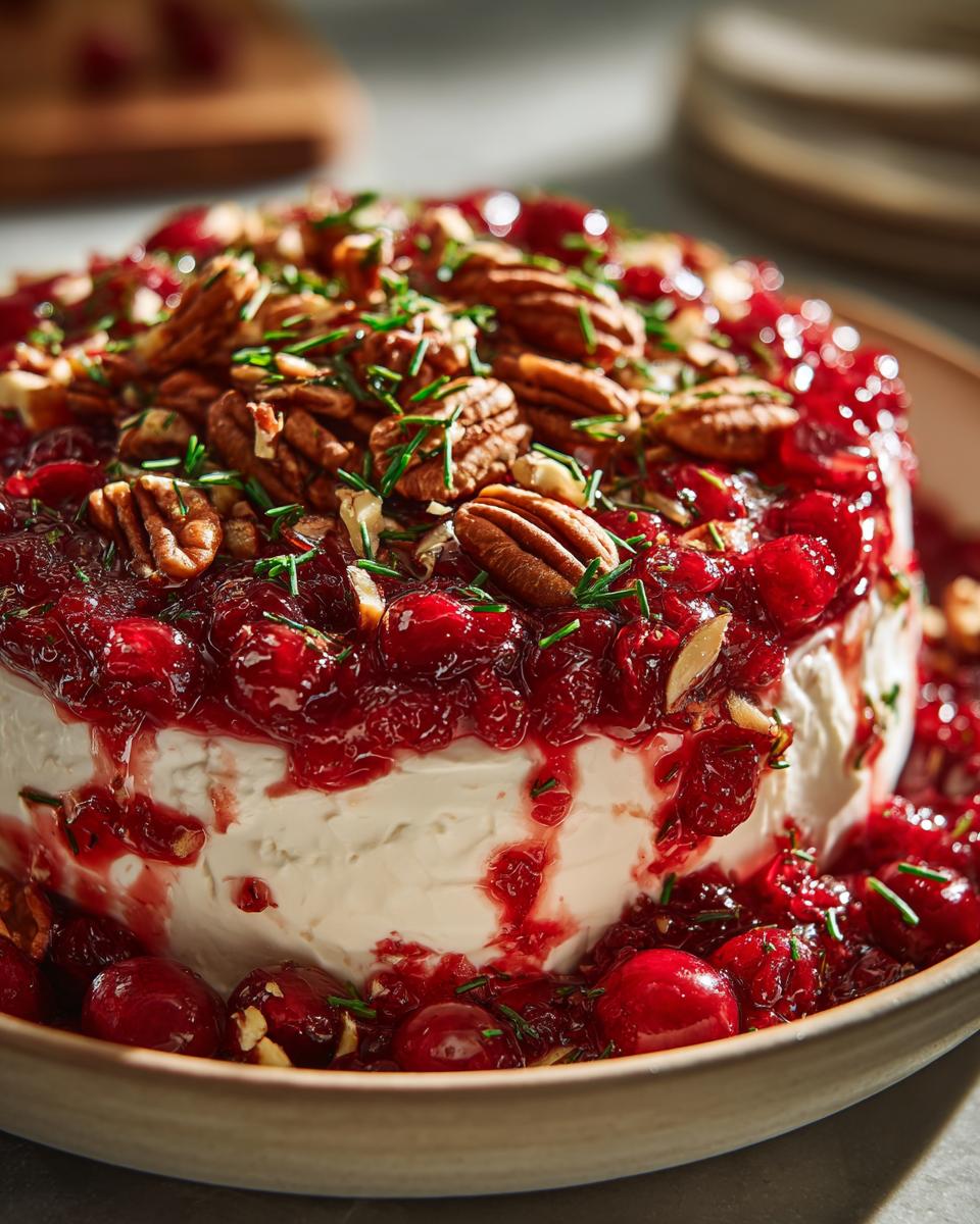 Close-up of a round cranberry cream cheese dip topped with whole pecans, cranberry sauce, and chives.