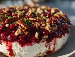 Close-up of a layered cranberry cream cheese dip topped with glossy cranberry sauce, toasted pecans, and chives.