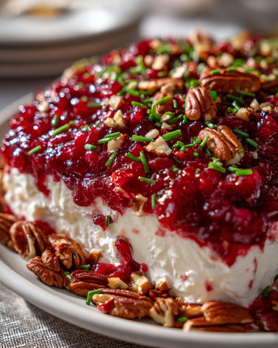 Close-up of a block of cranberry cream cheese dip topped with cranberry sauce, pecans, and chives.